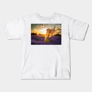 Young woman in blooming lavender field Kids T-Shirt